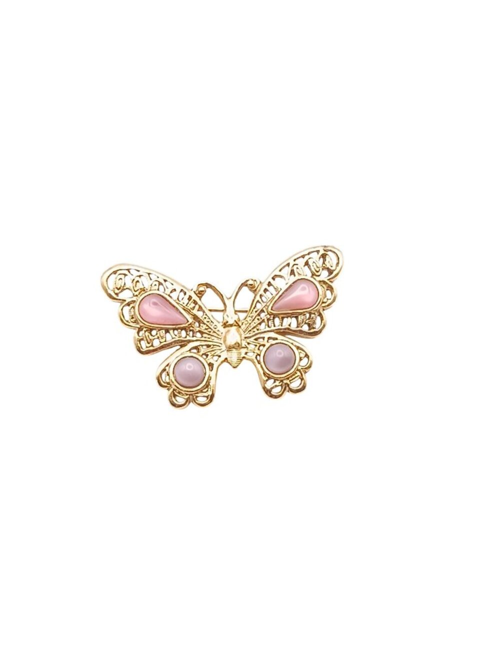 Vintage 1928 Gold-Tone Butterfly Brooch With Pink & Lavender Accents Filigree
